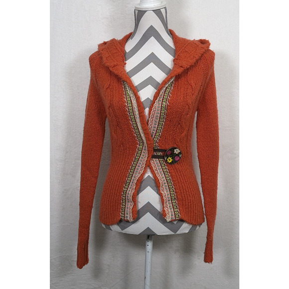Free People Womens Wool Blend Ribbon Detail Hooded Cardigan Medium Orange Chrty - Picture 1 of 12